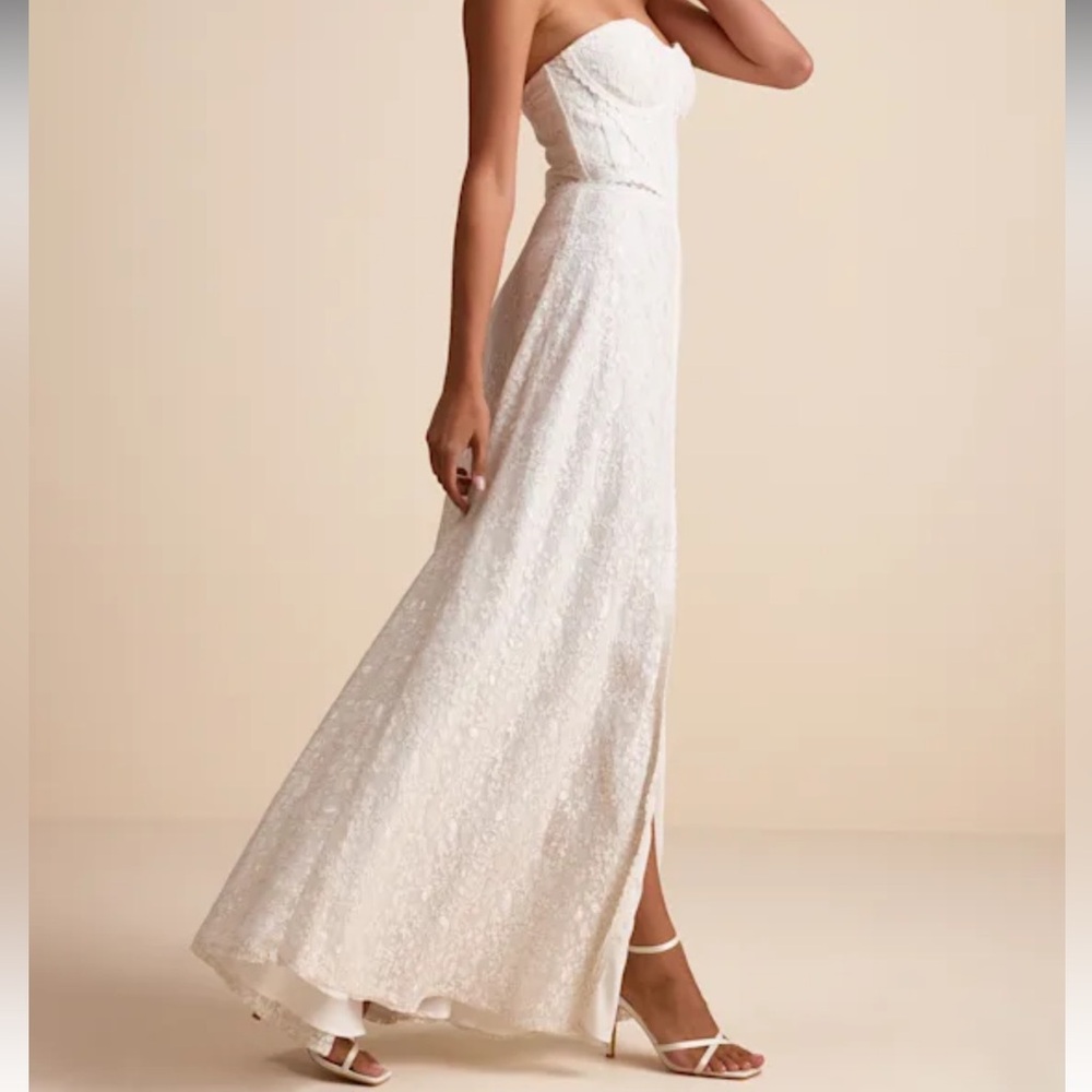 Lulu's White Strapless Lace Maxi Dress with Front Slit - Picture 6 of 6